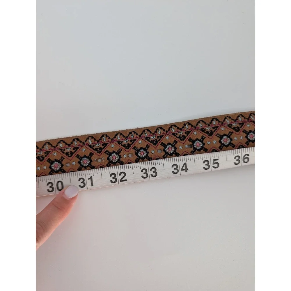 Lucky Brand Embroidered Leather Belt Womens S Brown Boho Brass Buckle 90s Y2K